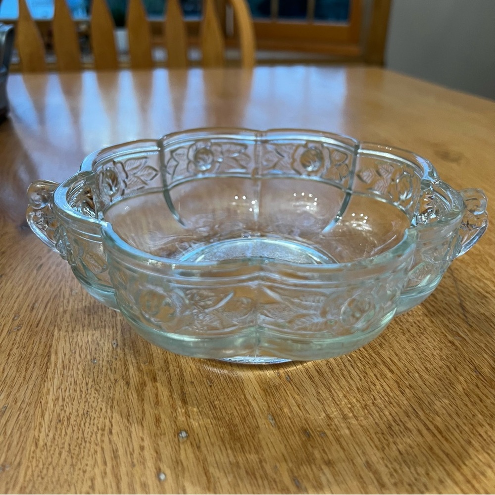 Vintage Jeannette Glass Aztec Rose pattern bowl. Clear, double handle, footed.